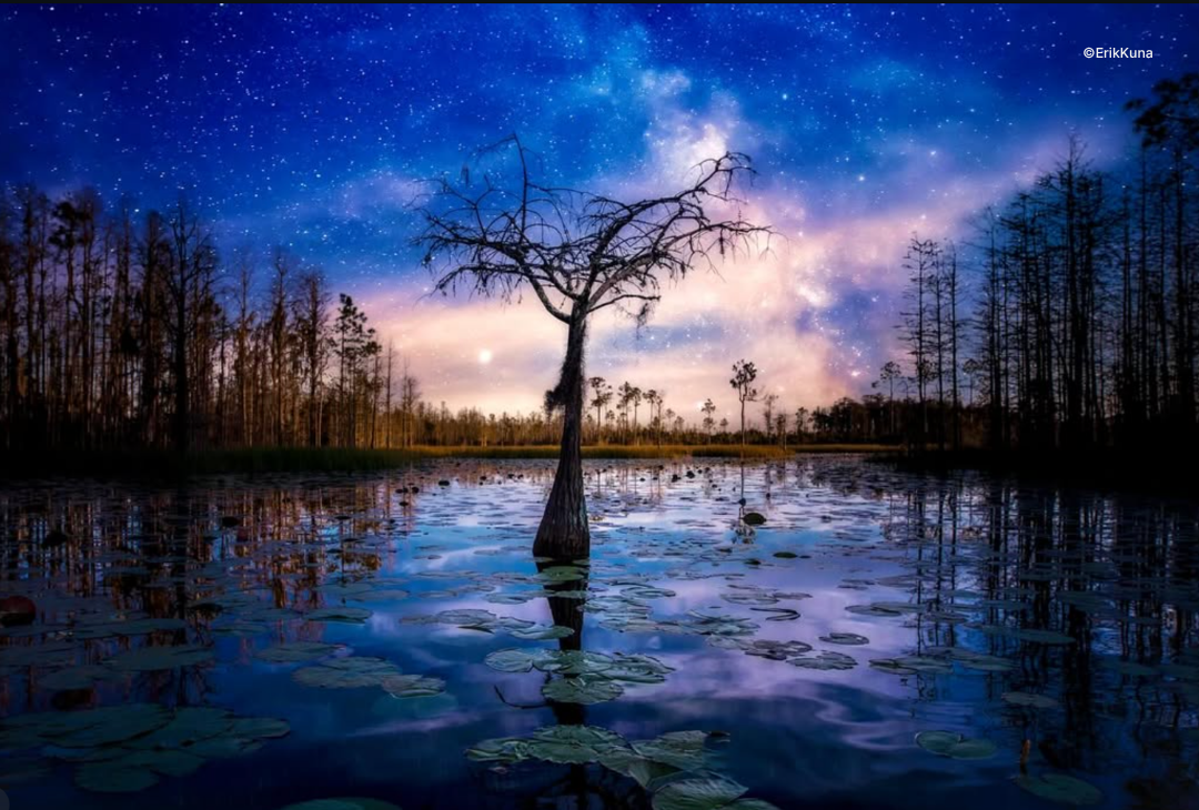 Night sky and landscape photo blend demonstrating sky replacement editing technique